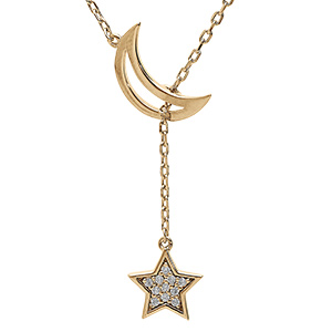 Collier en vermeil lune �vid�e et pampille etoile d'oxydes blancs sertis - 41+3cm