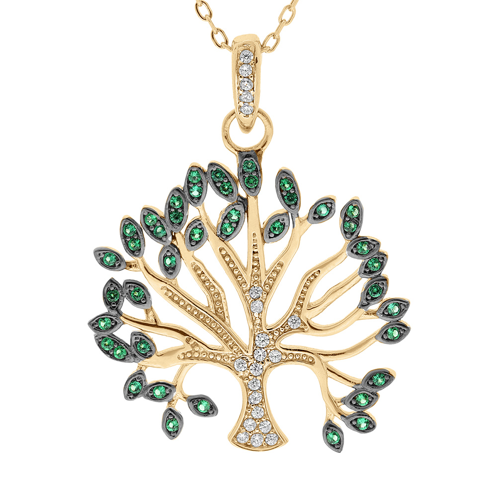 Collier en vermeil massif dor� pendentif arbre de vie oxydes blancs et verts sertis  - 40+5cm - Vue 1