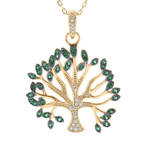 Collier en vermeil massif doré pendentif arbre de vie oxydes blancs et verts sertis - 40+5cm - Vue 1