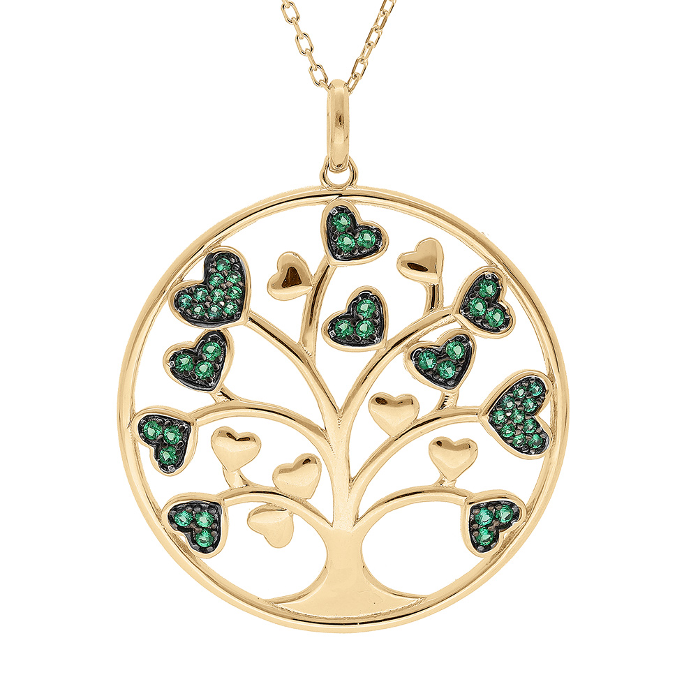 Collier en vermeil massif pendentif arbre de vie 30mm avec coeurs oxydes verts  - 44,5+4,5cm - Vue 1