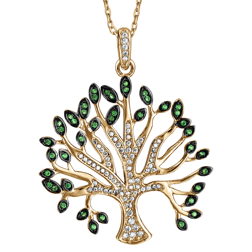 Collier en vermeil massif pendentif arbre de vie oxydes blancs et verts sertis -  40+5cm - Vue 1