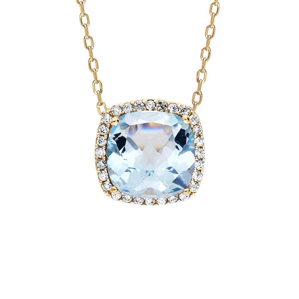 Collier en vermeil massif pendentif carr� pierre naturelle topaze bleue contour d\'oxydes blancs sertis  - 40+5cm - Vue 1
