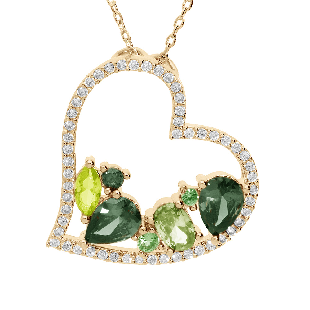Collier en vermeil massif pendentif coeur avec oxydes verts � l\'int�rieeu et contour oxydes blancs - 40+5cm - Vue 1