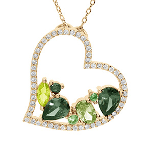 Collier en vermeil massif pendentif coeur avec oxydes verts � l'int�rieeu et contour oxydes blancs - 40+5cm