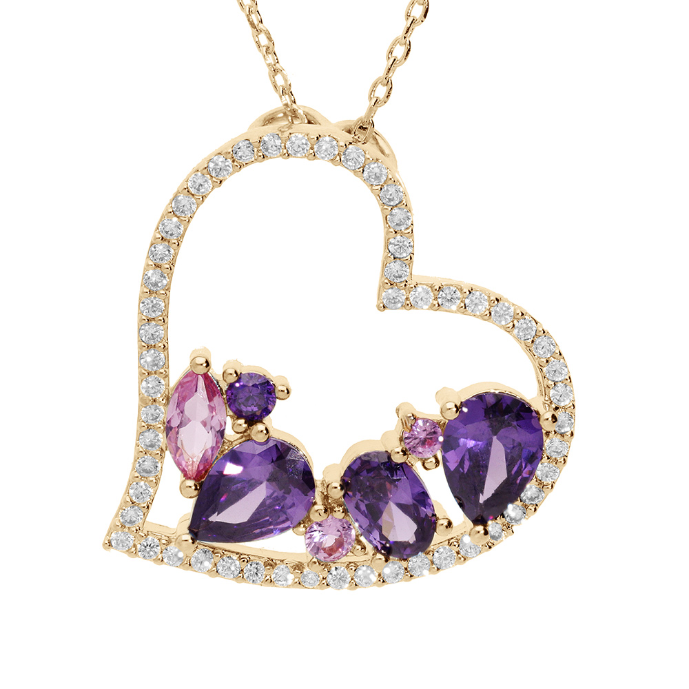 Collier en vermeil massif pendentif coeur oxydes violets et roses � l\'int�rieur et contour oxydes blancs - 40+5cm - Vue 1