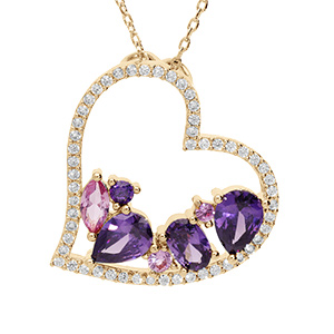 Collier en vermeil massif pendentif coeur oxydes violets et roses � l'int�rieur et contour oxydes blancs - 40+5cm