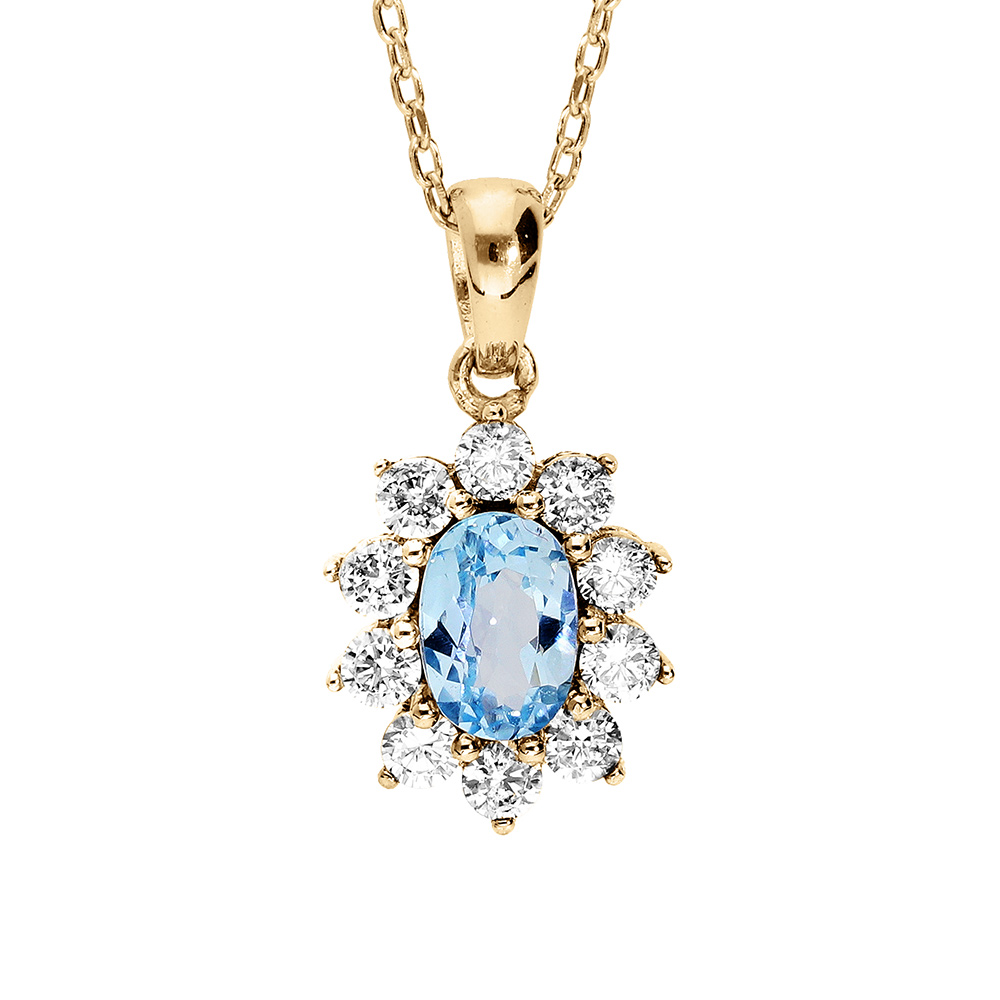 Collier en vermeil massif pendentif ovale pierre naturelle topaze bleue contour d\'oxydes blancs sertis  - 40+5cm - Vue 1