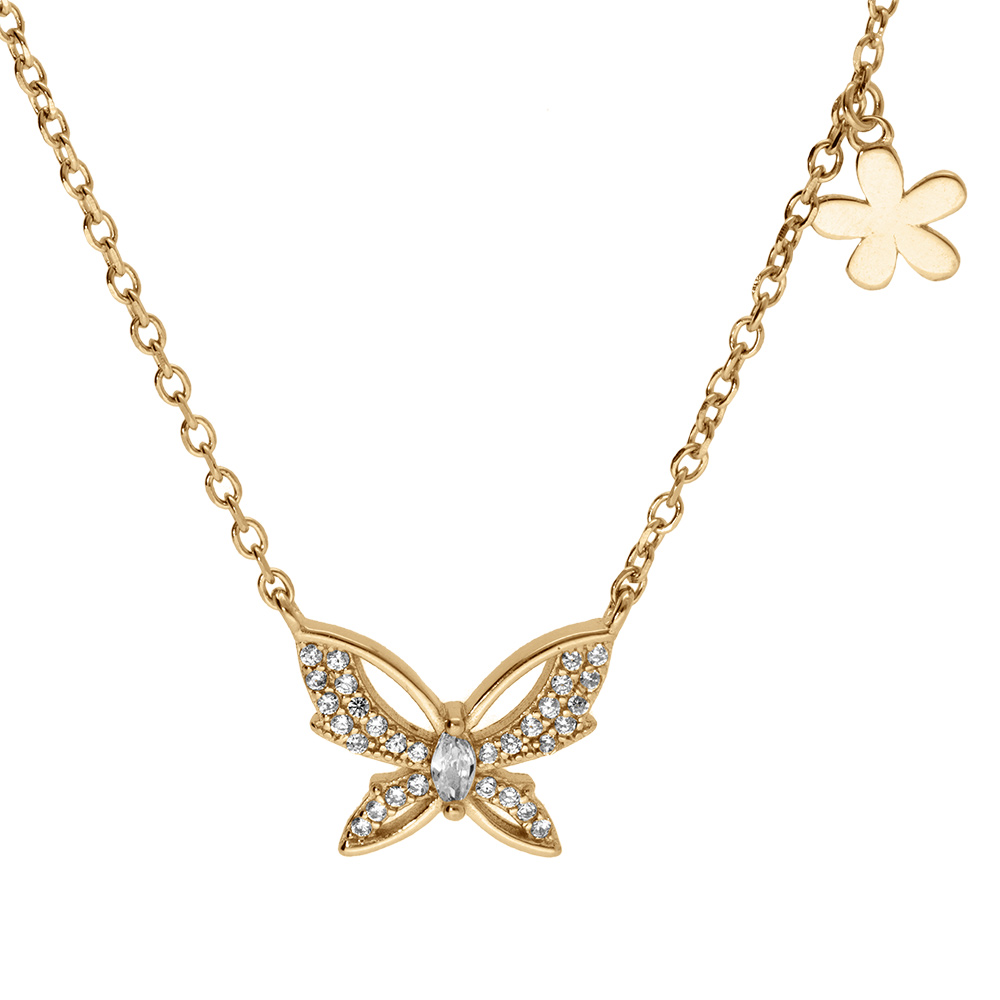 Collier en vermeil papillon oxydes blancs  - 42+3cm - Vue 1