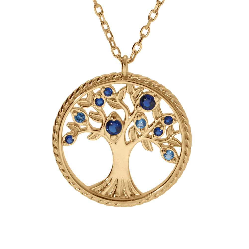 Collier en vermeil pendentif arbre de vie  avec oxydes d�grad� bleu et contour perl� du cercle - 42+3cm - Vue 1