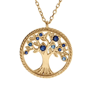 Collier en vermeil pendentif arbre de vie  avec oxydes d�grad� bleu et contour perl� du cercle - 42+3cm