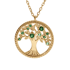 Collier en vermeil pendentif arbre de vie avec oxydes verts et contour perl� du cercle - 42+3cm
