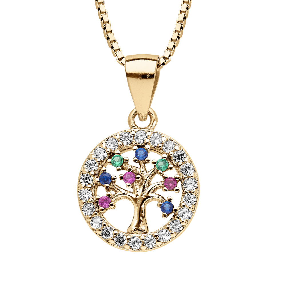 Collier en vermeil pendentif arbre de vie multi couleurs contours oxydes blancs sertis  - 42+3cm - Vue 1