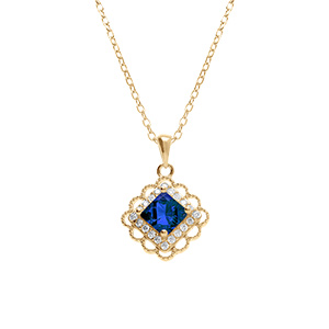 Collier en vermeil pendentif carr� oxyde bleu serti et contour d'oxydes blancs sertis - 39+4cm