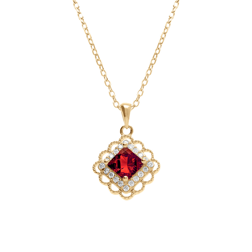 Collier en vermeil pendentif carr� oxyde rouge et contour d\'oxydes blancs sertis - 39+4cm - Vue 1