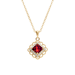 Collier en vermeil pendentif carr� oxyde rouge et contour d'oxydes blancs sertis - 39+4cm