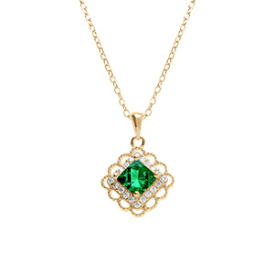 Collier en vermeil pendentif carr� oxyde vert et contour d'oxydes blancs sertis - 39+4cm