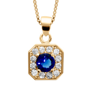 Collier en vermeil pendentif carre oxydes sertis blancs pierre centrale bleue - 42+3cm - Vue 1