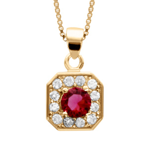 Collier en vermeil pendentif carre oxydes sertis blancs pierre centrale rouge - 42+3cm - Vue 1