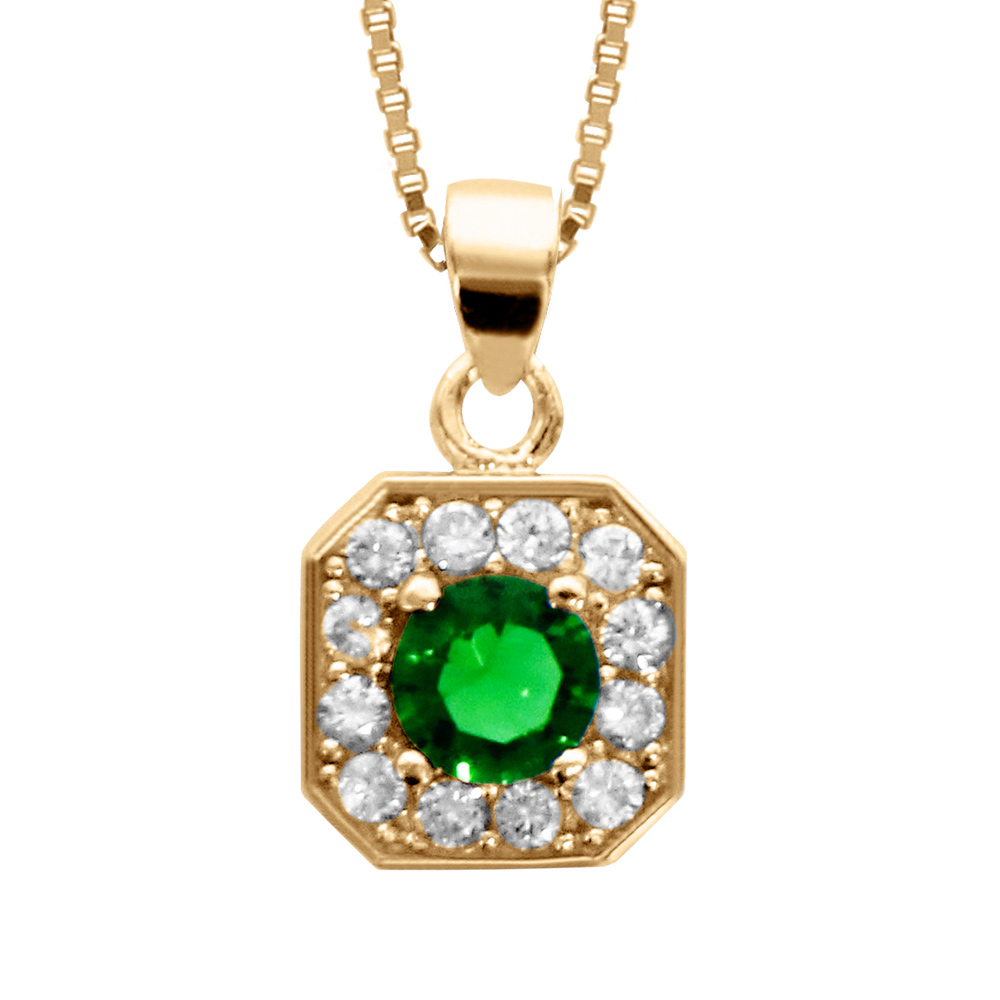 Collier en vermeil pendentif carre oxydes sertis blancs pierre centrale verte  - 42+3cm - Vue 1