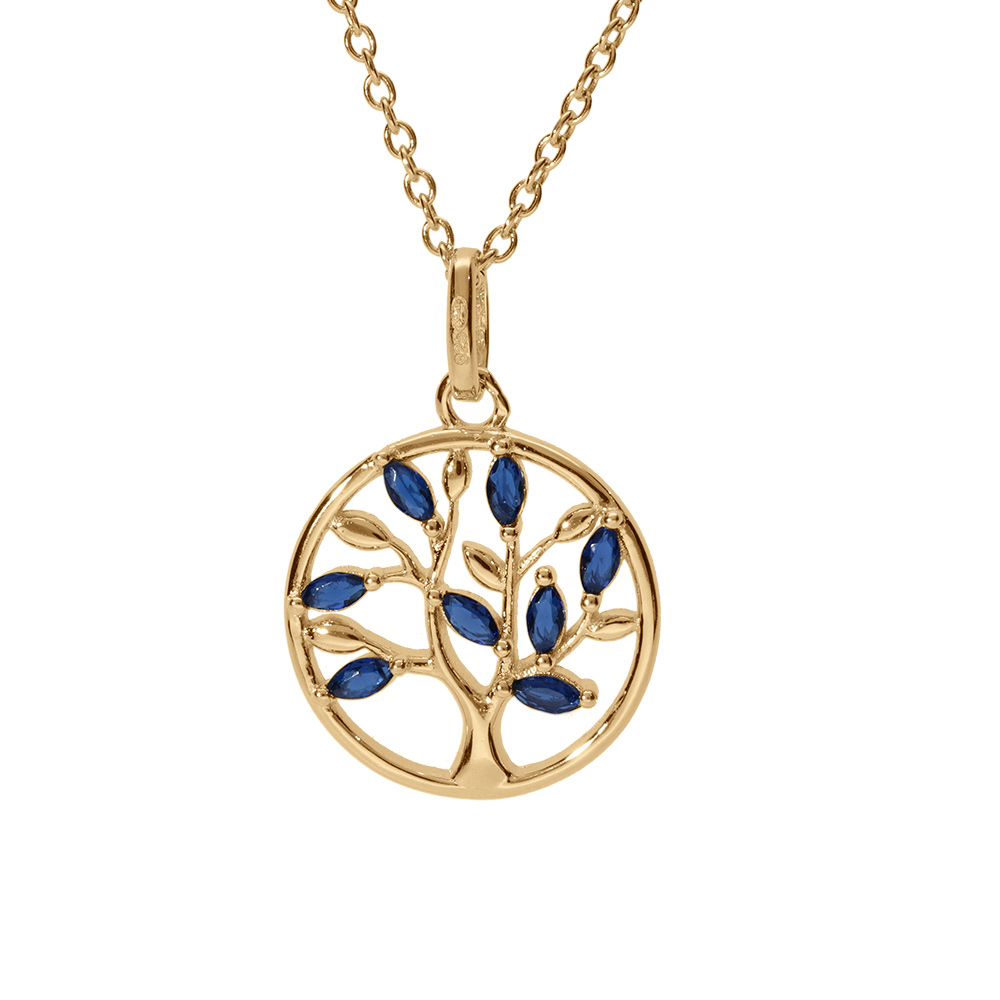Collier en vermeil pendentif cercle arbre de vie oxydes bleu  - 40+4cm - Vue 1