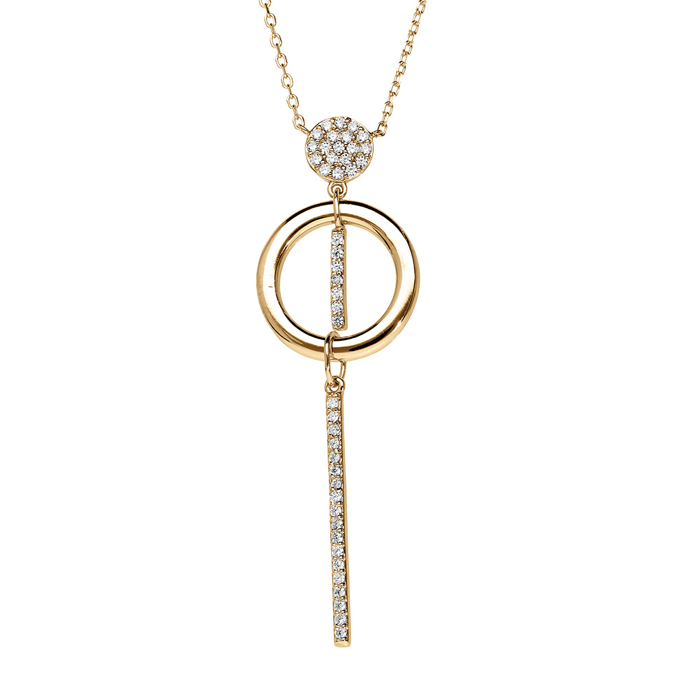 Collier en vermeil pendentif cercle oxydes blancs sertis et baguette pendante  -  42+3cm - Vue 1