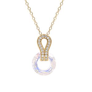 Collier en vermeil pendentif cercle verre facet blanc et volute oxydes blancs sertis - 44cm rglable 42 et 40