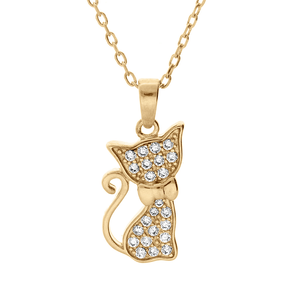 Collier en vermeil pendentif chat par� d\'oxydes blancs sertis - 43cm r�glable 41 et 39cm - Vue 1