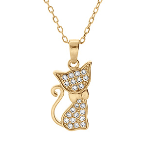 Collier en vermeil pendentif chat par� d'oxydes blancs sertis - 43cm r�glable 41 et 39cm