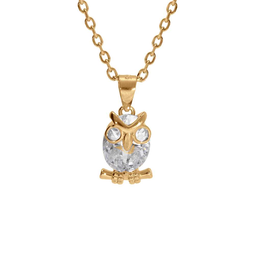 Collier en vermeil pendentif chouette hibou oxyde blanc - 41+3cm - Vue 1