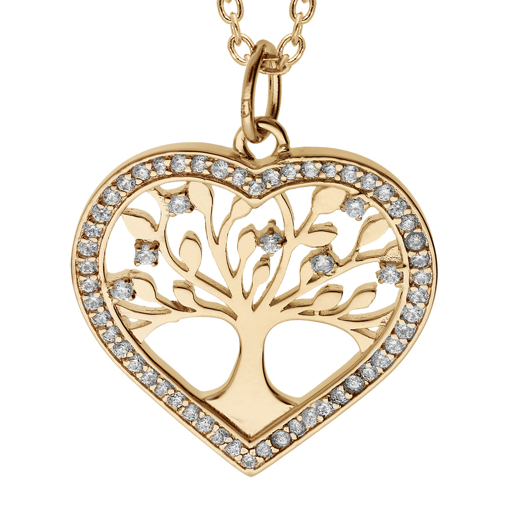 Collier en vermeil pendentif coeur avec arbre de vie contour d\'oxydes blancs sertis - 42+3cm - Vue 1