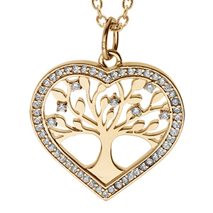 Collier en vermeil pendentif coeur avec arbre de vie contour d'oxydes blancs sertis - 42+3cm