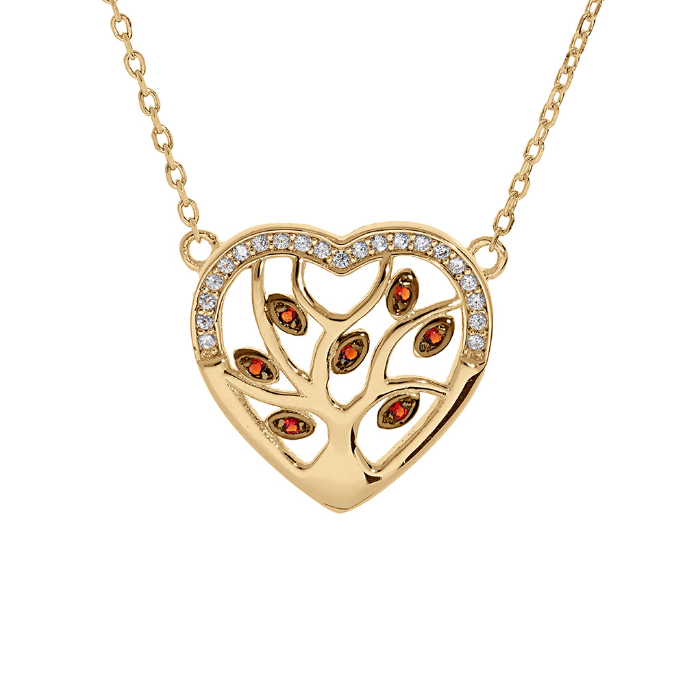 Collier en vermeil pendentif coeur avec arbre de vie pierres rouges et contour d\'oxydes blancs sertis  - 40+5cm - Vue 1