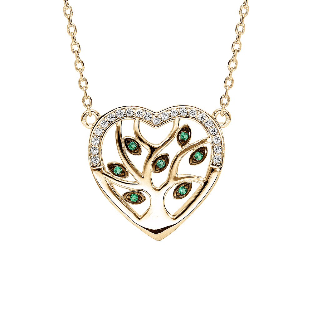 Collier en vermeil pendentif coeur avec arbre de vie pierres vertes et contour d\'oxydes blancs sertis  - 40+5cm - Vue 1