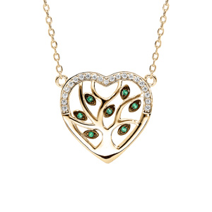 Collier en vermeil pendentif coeur avec arbre de vie pierres vertes et contour d\'oxydes blancs sertis - 40+5cm - Vue 1