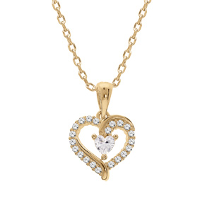 Collier en vermeil pendentif coeur avec contour d\'oxydes blancs et oyde blanc au centre - 42+3cm - Vue 1