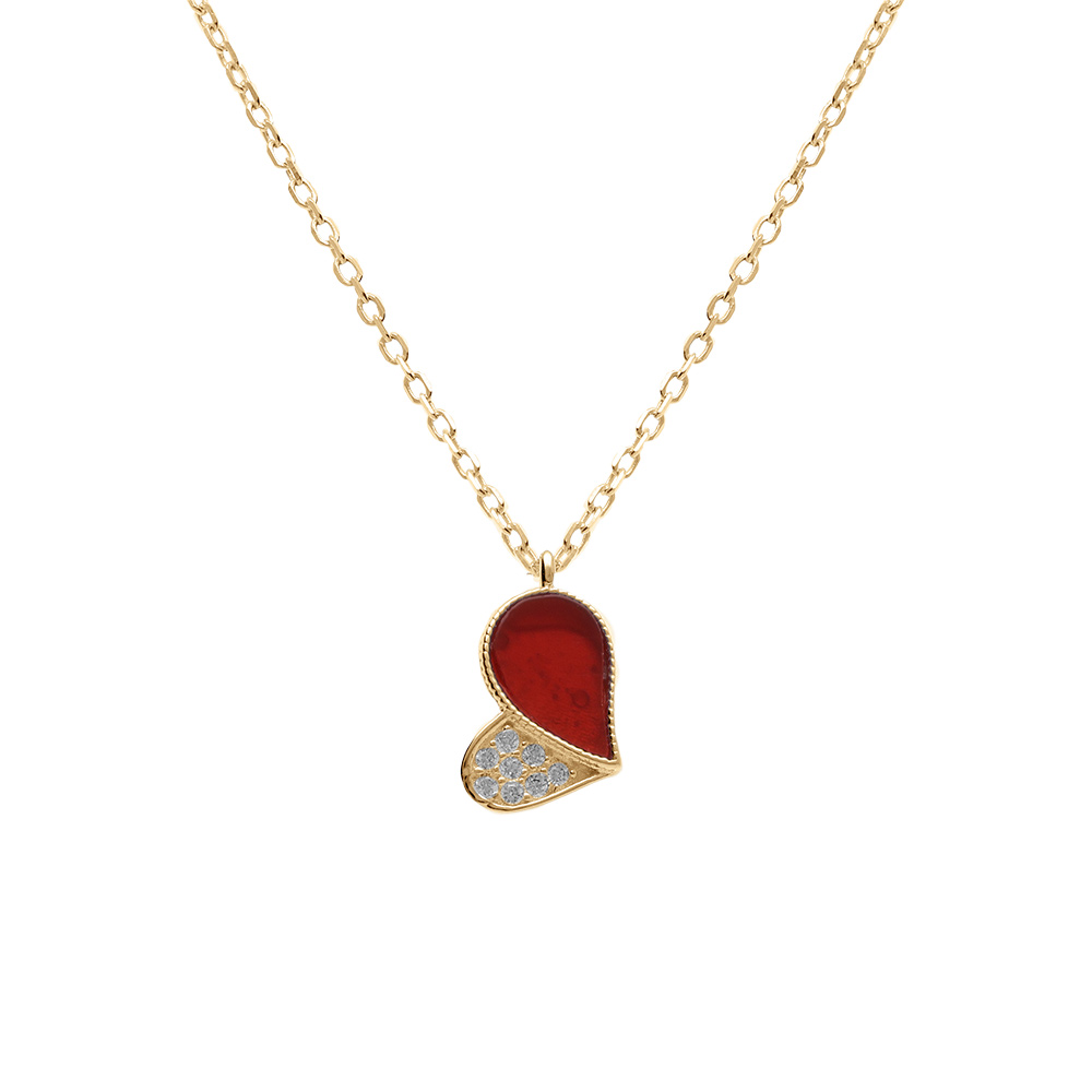 Collier en vermeil pendentif coeur avec oxydes blancs et agate rouge  - 39+4cm - Vue 1