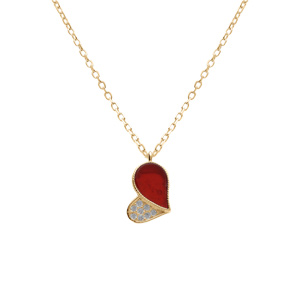 Collier en vermeil pendentif coeur avec oxydes blancs et agate rouge - 39+4cm - Vue 1