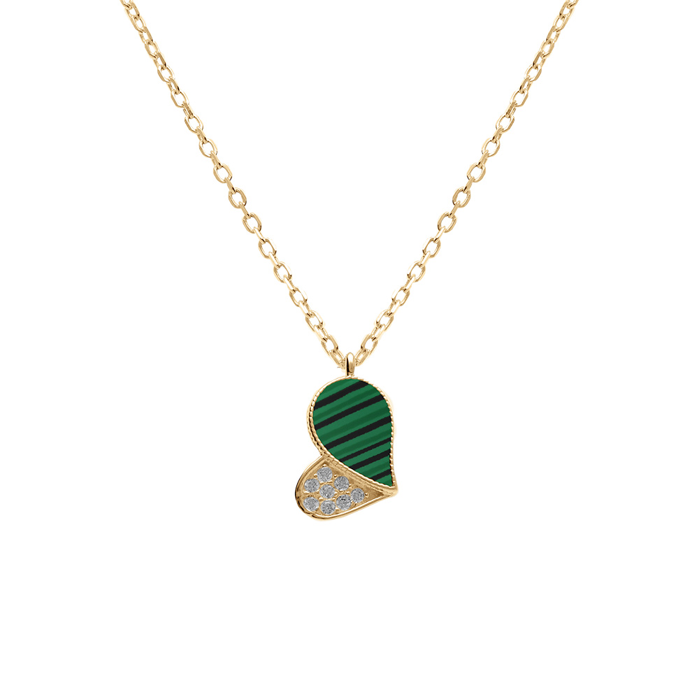 Collier en vermeil pendentif coeur avec oxydes blancs et malachite v�ritable  - 39+4cm - Vue 1