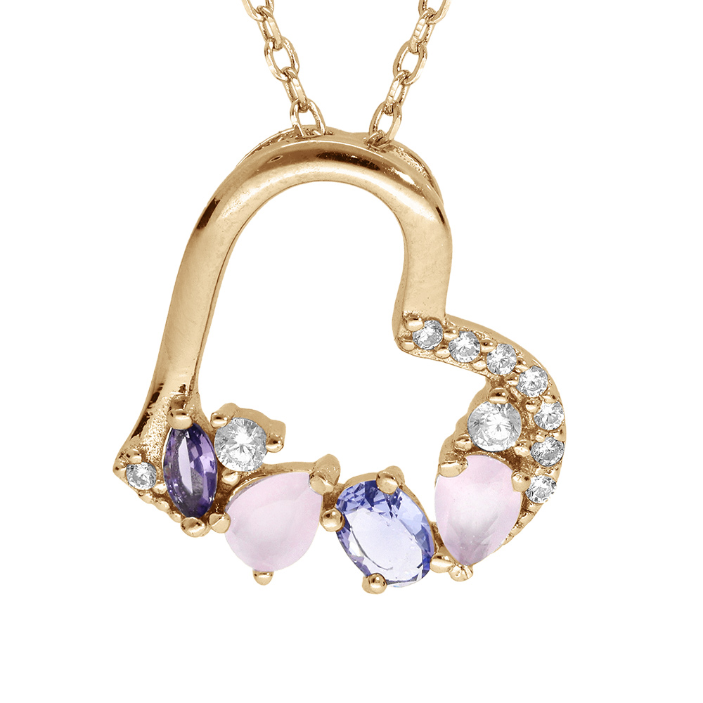 Collier en vermeil pendentif coeur avecoxydes blancs et pastels - 40+5cm - Vue 1