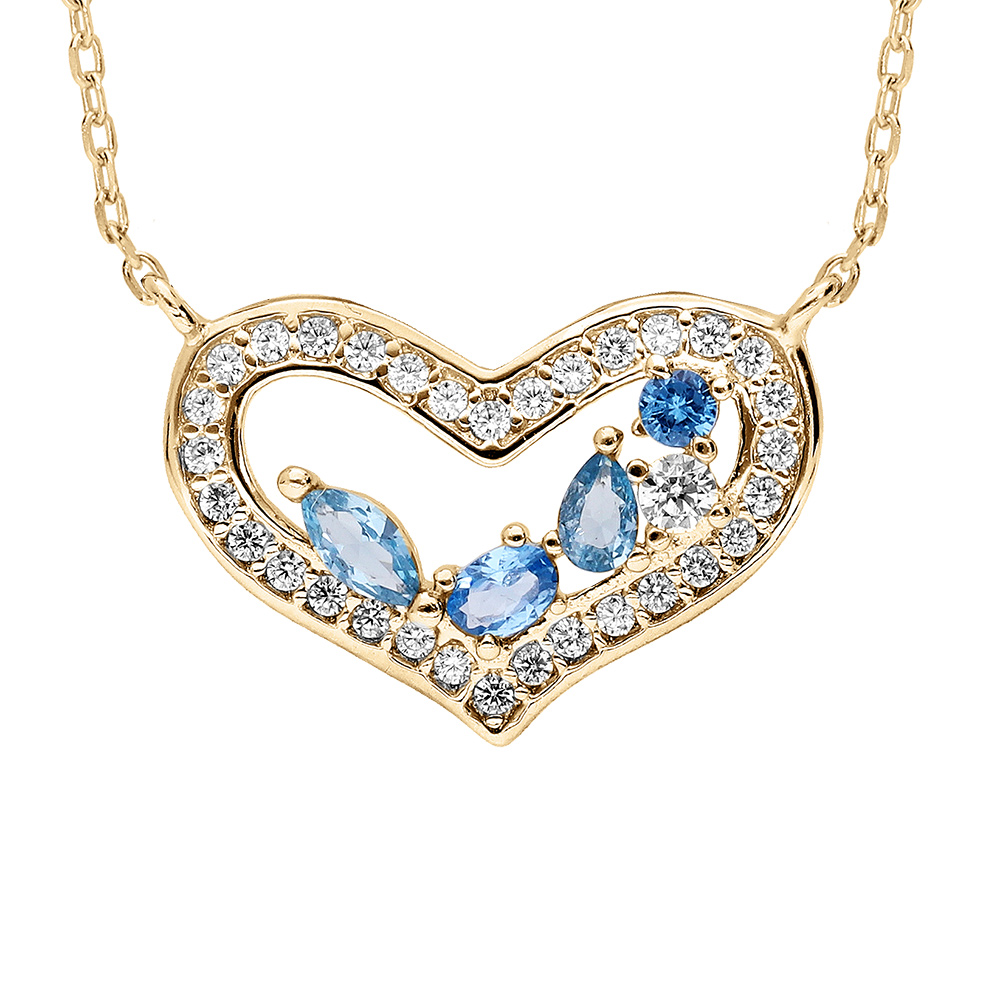 Collier en vermeil pendentif coeur empierr� de navettes bleues et le contour d\'oxydes blancs sertis  - 40+5cm - Vue 1