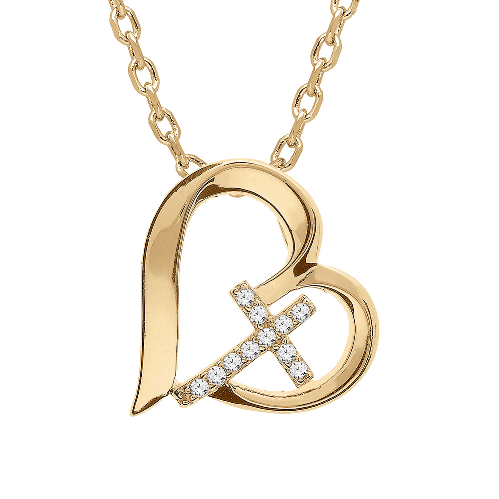 Collier en vermeil pendentif coeur et croix d\'oxydes blancs   - 42+3cm - Vue 1