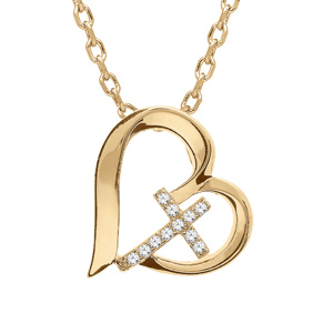 Collier en vermeil pendentif coeur et croix d\'oxydes blancs - 42+3cm - Vue 1