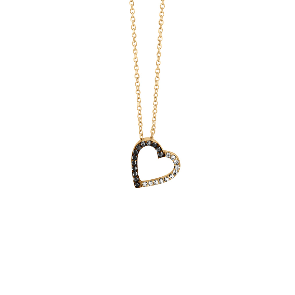 Collier en vermeil pendentif coeur �vid�e moitie oxydes blancs sertis et l\'autre de  pierres noires rhodium noir  - 40+4cm - Vue 1