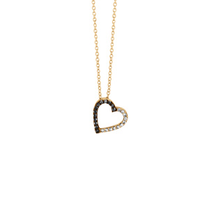 Collier en vermeil pendentif coeur évidée moitie oxydes blancs sertis et l\'autre de pierres noires rhodium noir - 40+4cm - Vue 1