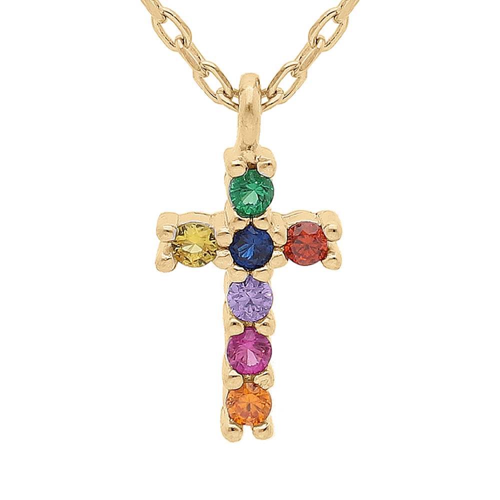 Collier en vermeil pendentif croix 10 x 8 mm avec pierres multi couleurs - 44cm r�glable 42 et 40 - Vue 1