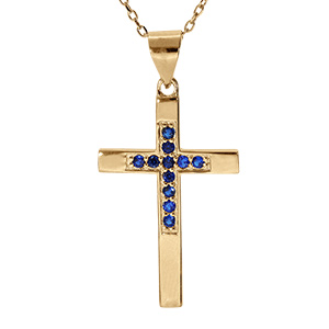 Collier en vermeil pendentif croix avec oxydes bleus -  40+4cm