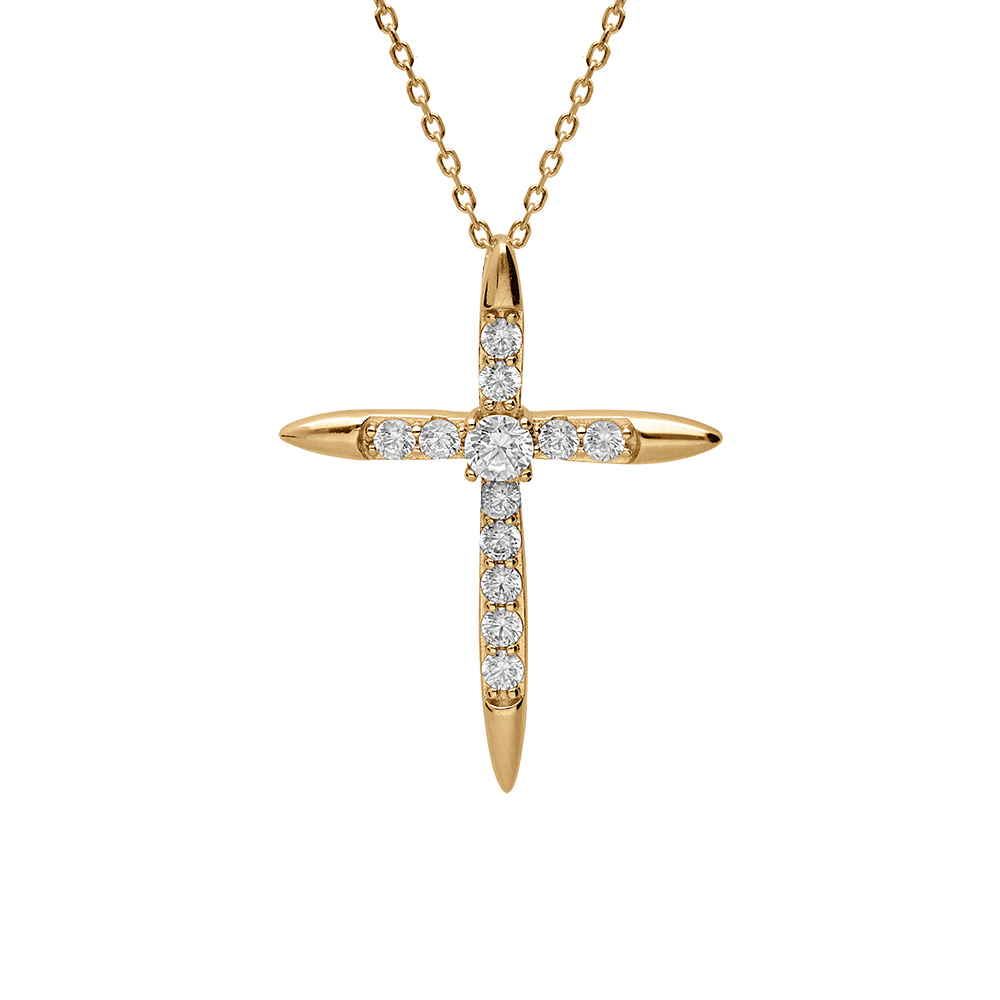 Collier en vermeil pendentif croix oxydes blancs sertis 25 x 31mm  - 38+4cm - Vue 1