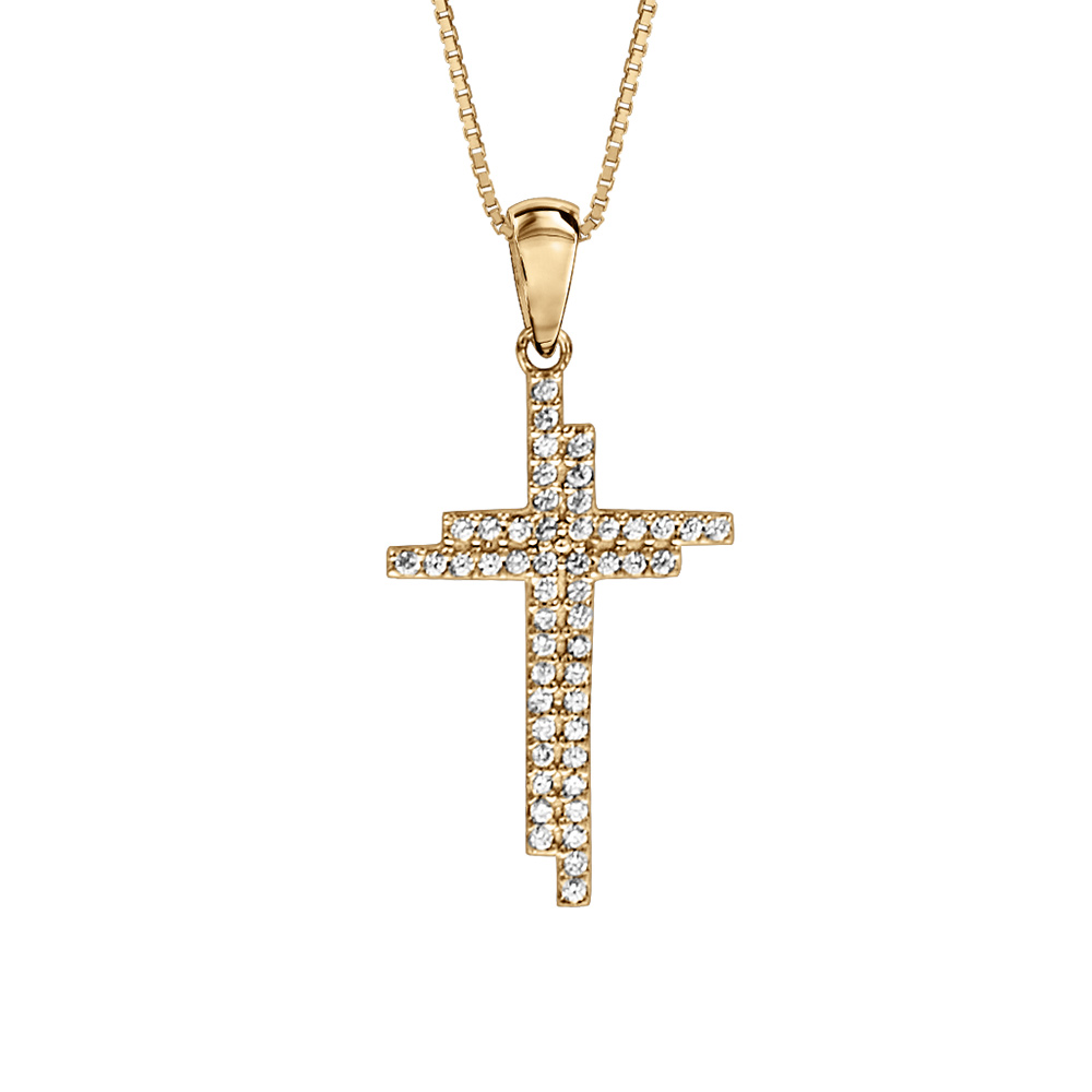Collier en vermeil pendentif croix oxydes blancs sertis  - 42+3cm - Vue 1