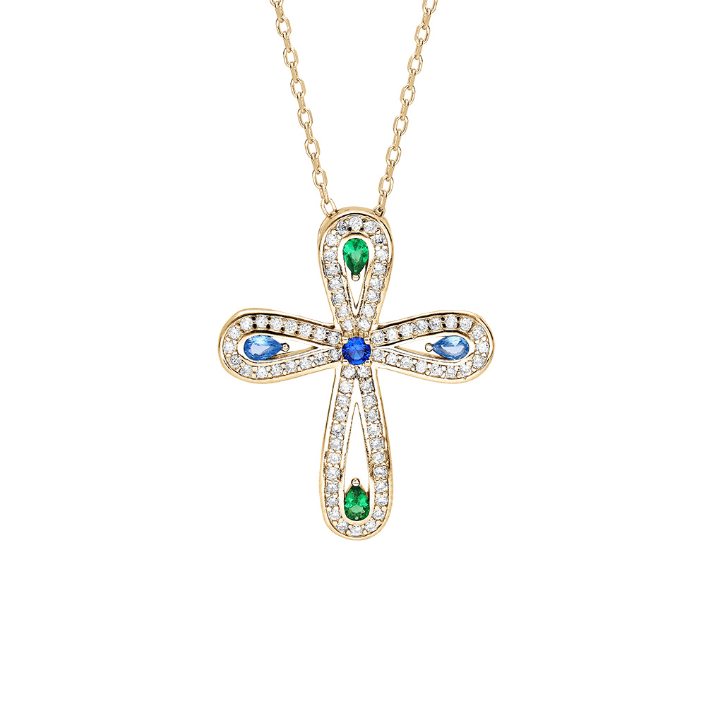 Collier en vermeil pendentif croix oxydes blancs sertis et pierres synth�tiques bleues et vertes  - 40+5cm - Vue 1