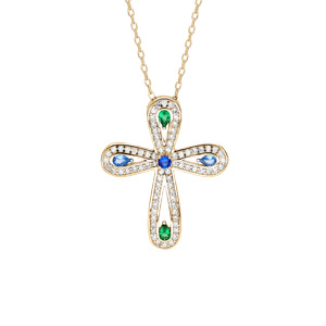 Collier en vermeil pendentif croix oxydes blancs sertis et pierres synthétiques bleues et vertes - 40+5cm - Vue 1